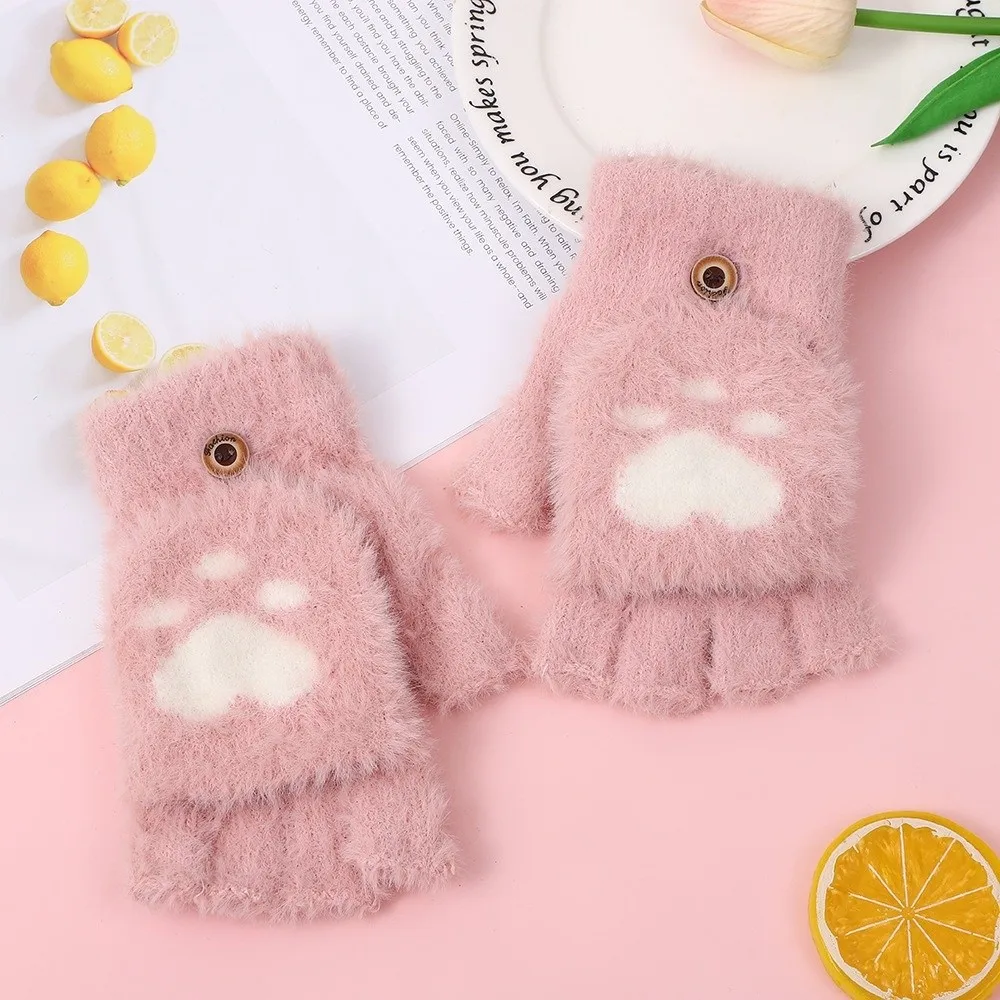 Fashion Soft Cat Paw Gloves Thicken Short Fingerless Half Finger Gloves Touch Screen Cozy Warm Mittens Writing