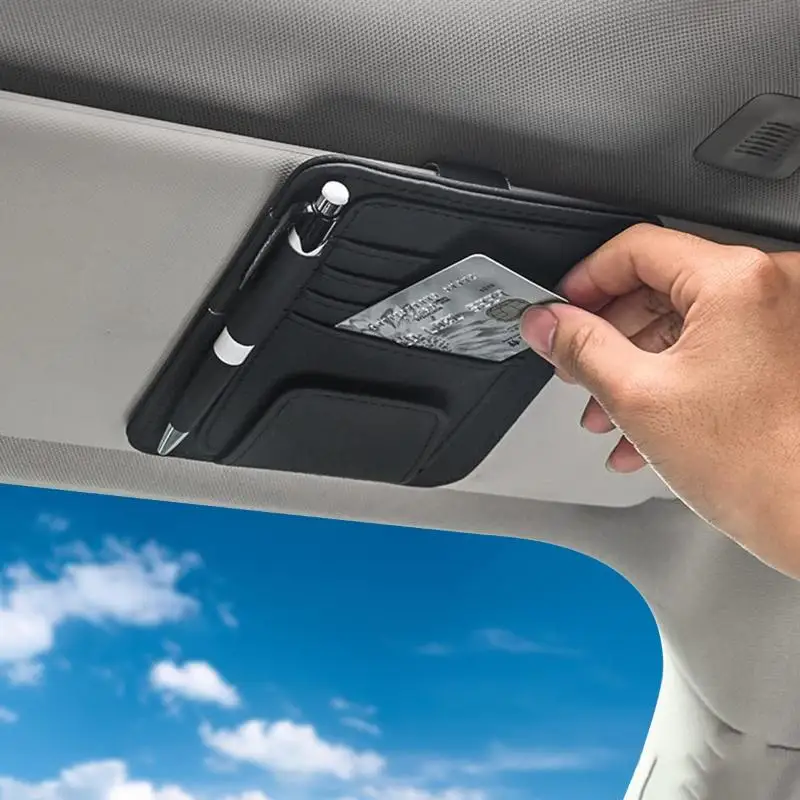 PU Leather Car Sun Visor Organizer Multiple Pockets For: Cards Glasses Pens Items Neat Accessible