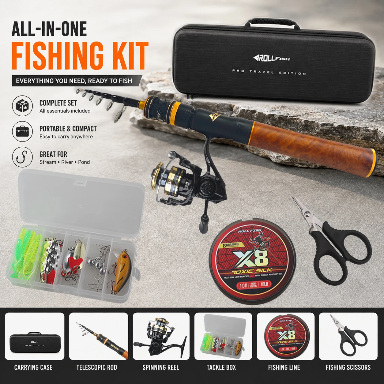 ROLLFISH Telescopic Ultralight Fishing Rod Reel Combo Kit Line Lures Scissors Bag UL Power Travel Lure Pole for Trout Crappie
