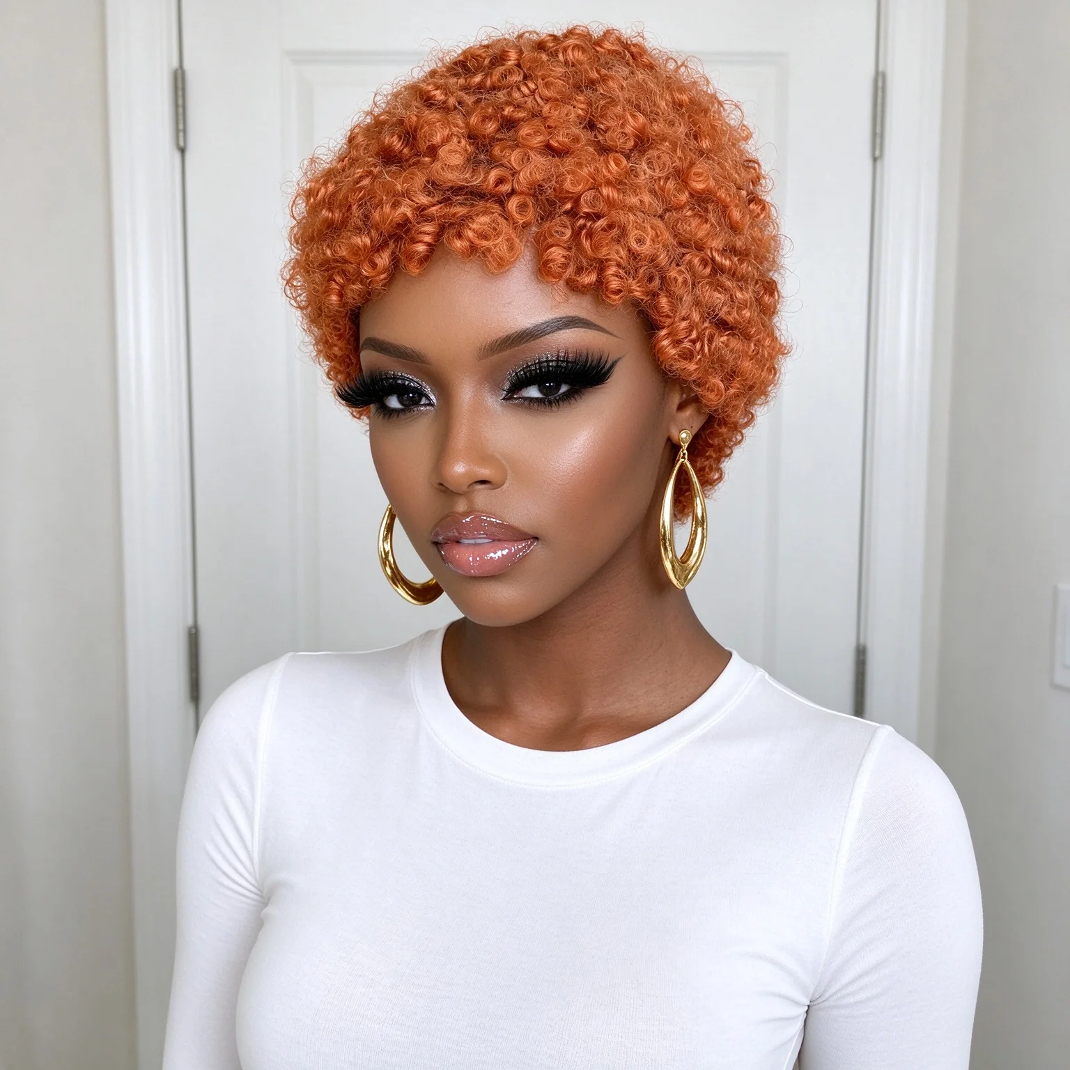 Full Machine Made Human Hair Short Pixie Cut Wig, Ginger Orange Small Coily Curly Wig, Natural Looking Short Curly Human Hair