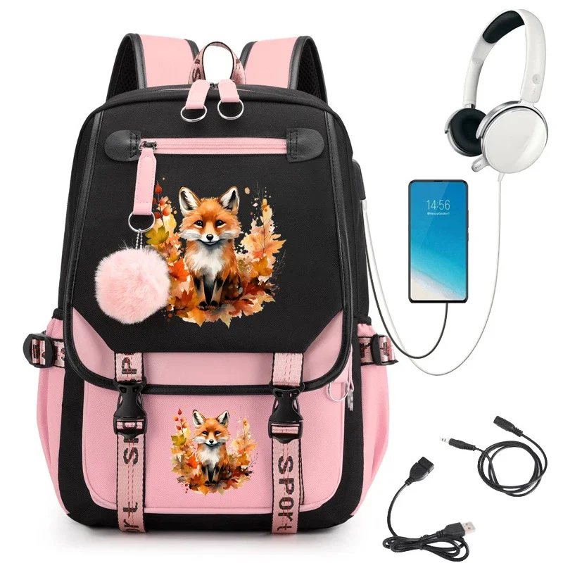 School Bags for Teenager Backpack Cute Jungle Fox Cartoon Animals Bookbag Children Backpack Back To School Usb Charging Bagpack