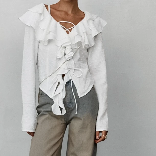 

New European and American Fashion White Casual Ruffled Sexy and Stylish Lace-up Long-sleeved Women's Shirt