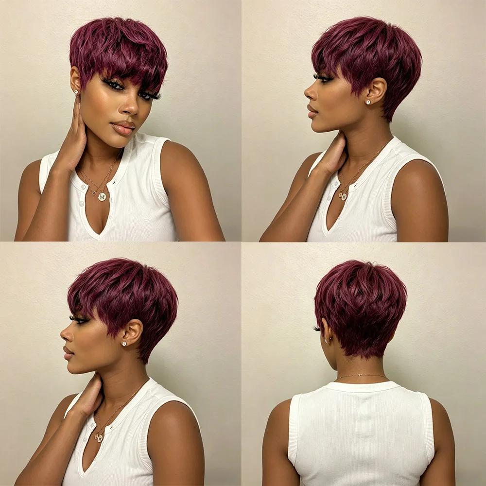Non Lace Front Wigs For Women Short Bob Wig Straight Human Hair Wigs With Bangs  Pixie Cut Wig Natural Color Full Machine Made