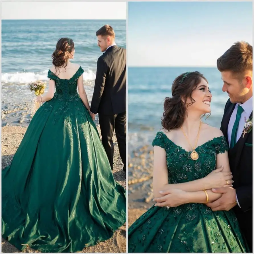 Customized Off the Shoulder  Appliques Beads  Green Wedding Dress Robe De Mariée Corset Back Beach Ballgown Bridal Gown