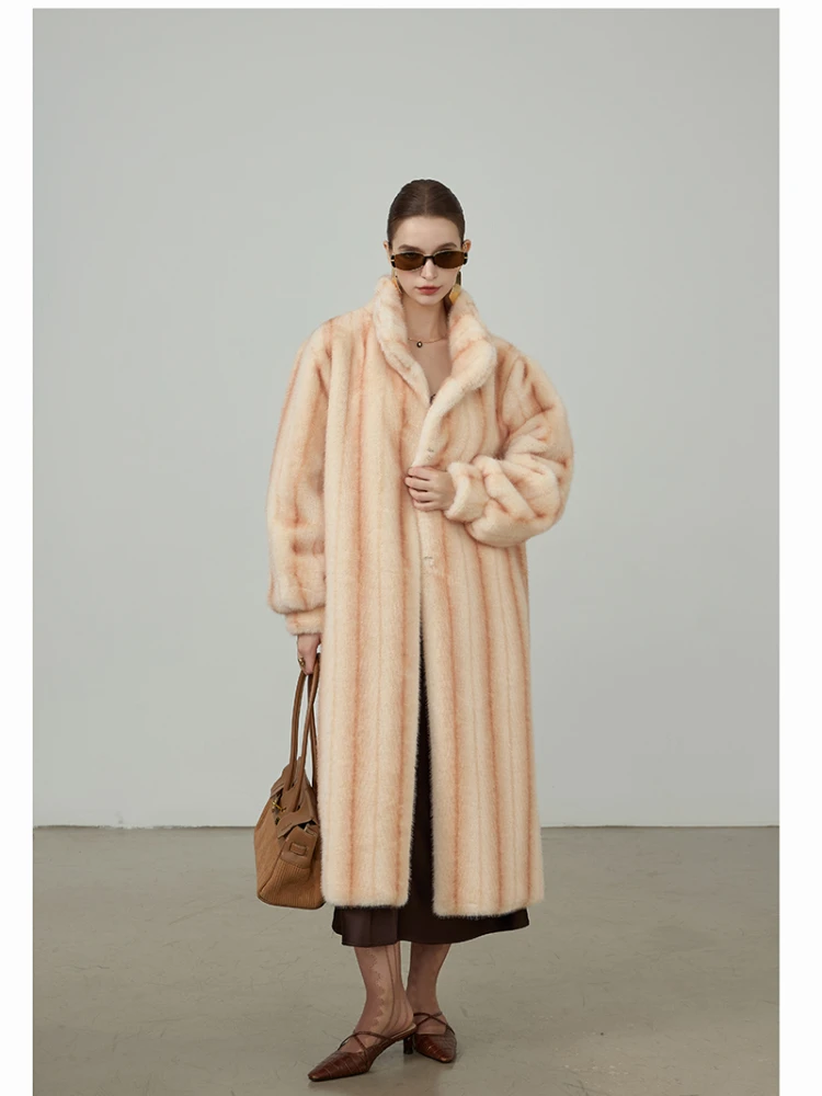 

Winter Eco-Friendly Fur Coat Thickened Warm Women's Long Overcoat Female Stripes Mink Faux Fur Coat Fluffy Jacks