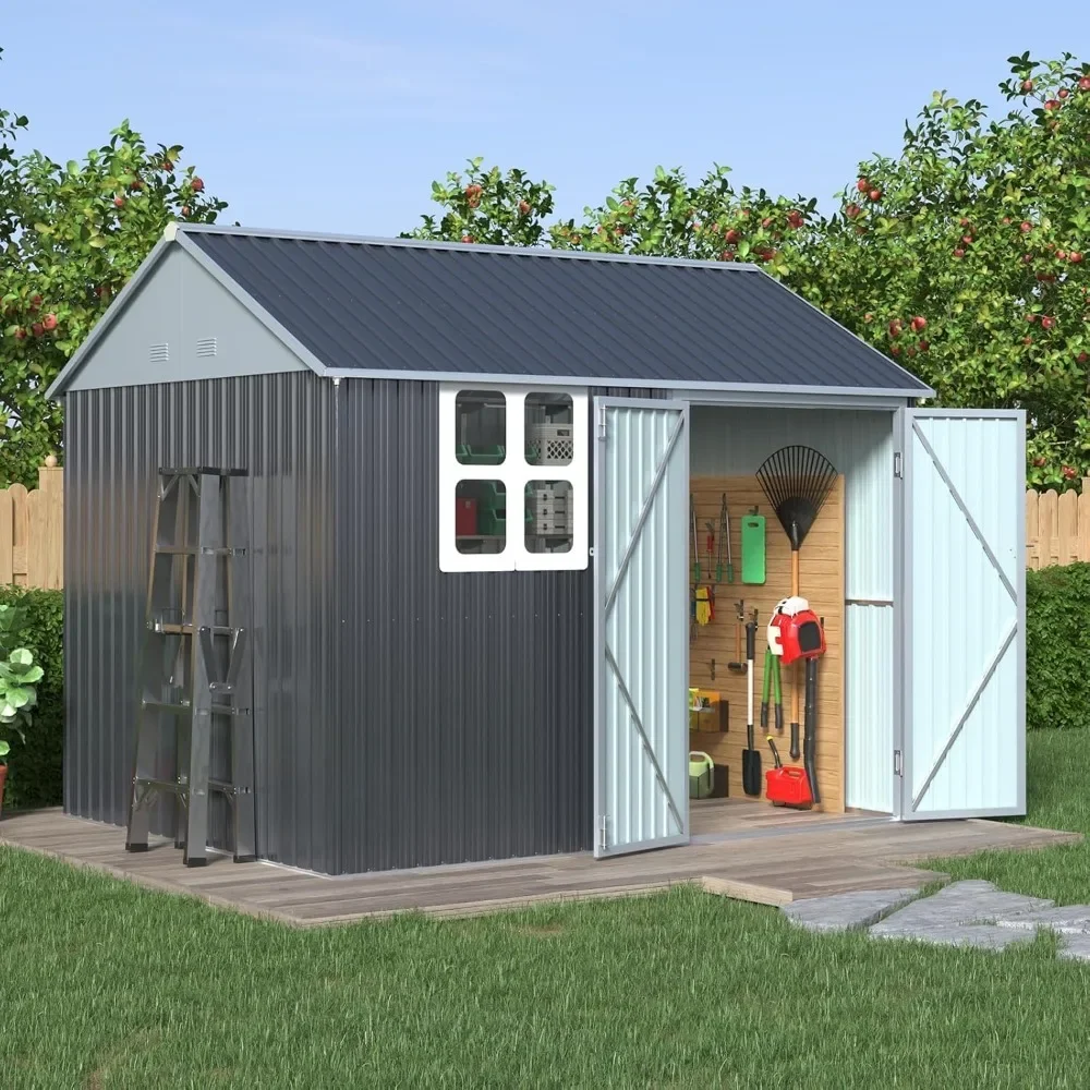 

10x8x8 FT Outdoor Storage Shed Nordic Cottage Shed Double Hinged Lockable Doors 4 Vents Metal Shed