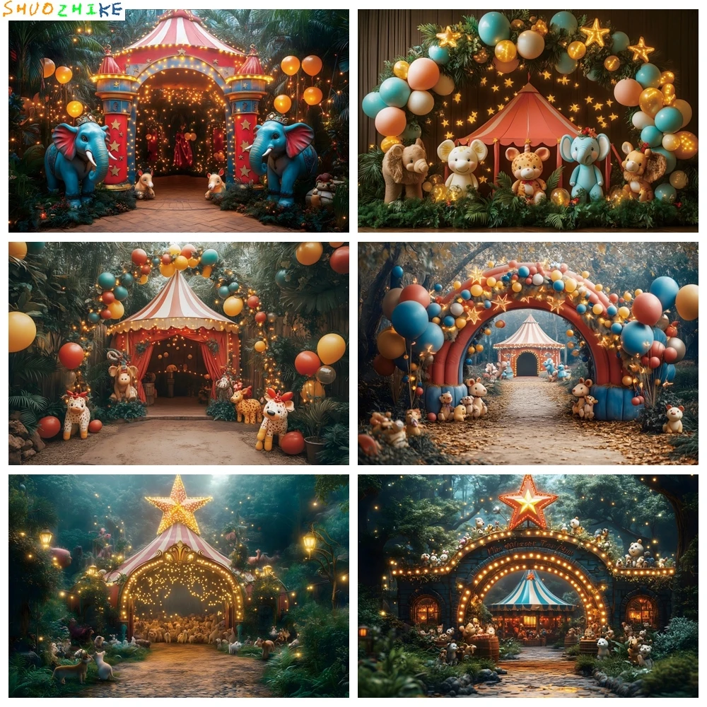 

Circus Theme Photography Backdrop Boy Girl Birthday Party Balloon Animal Forest Tent Kid Cake Smash Background Photo Studio Prop