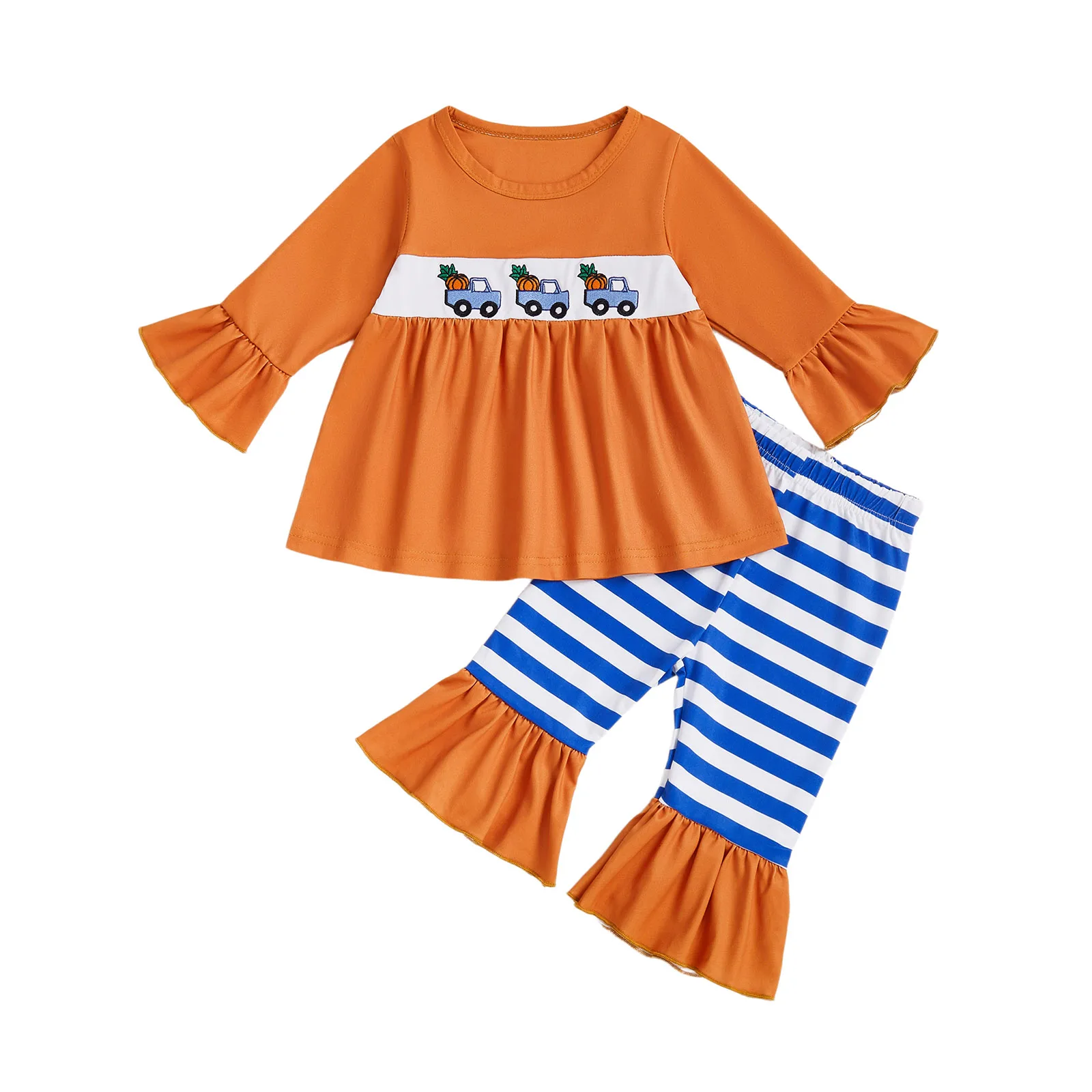 

Очаровательный костюм на Хэллоуин для маленьких девочек, топ с длинными рукавами и полосатыми брюками-клеш с нашивкой тыквы, комплект из двух предметов