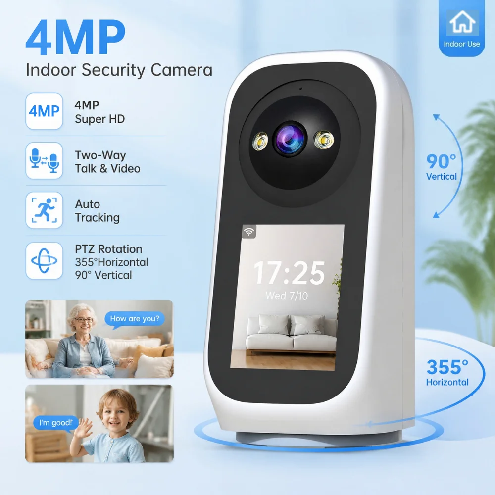 Jooan 4MP PTZ IP Camera Video Call with 2.8Inch LED Screen Baby Cry Sound Detection Security Camera AI Tracking HomeBaby Monitor