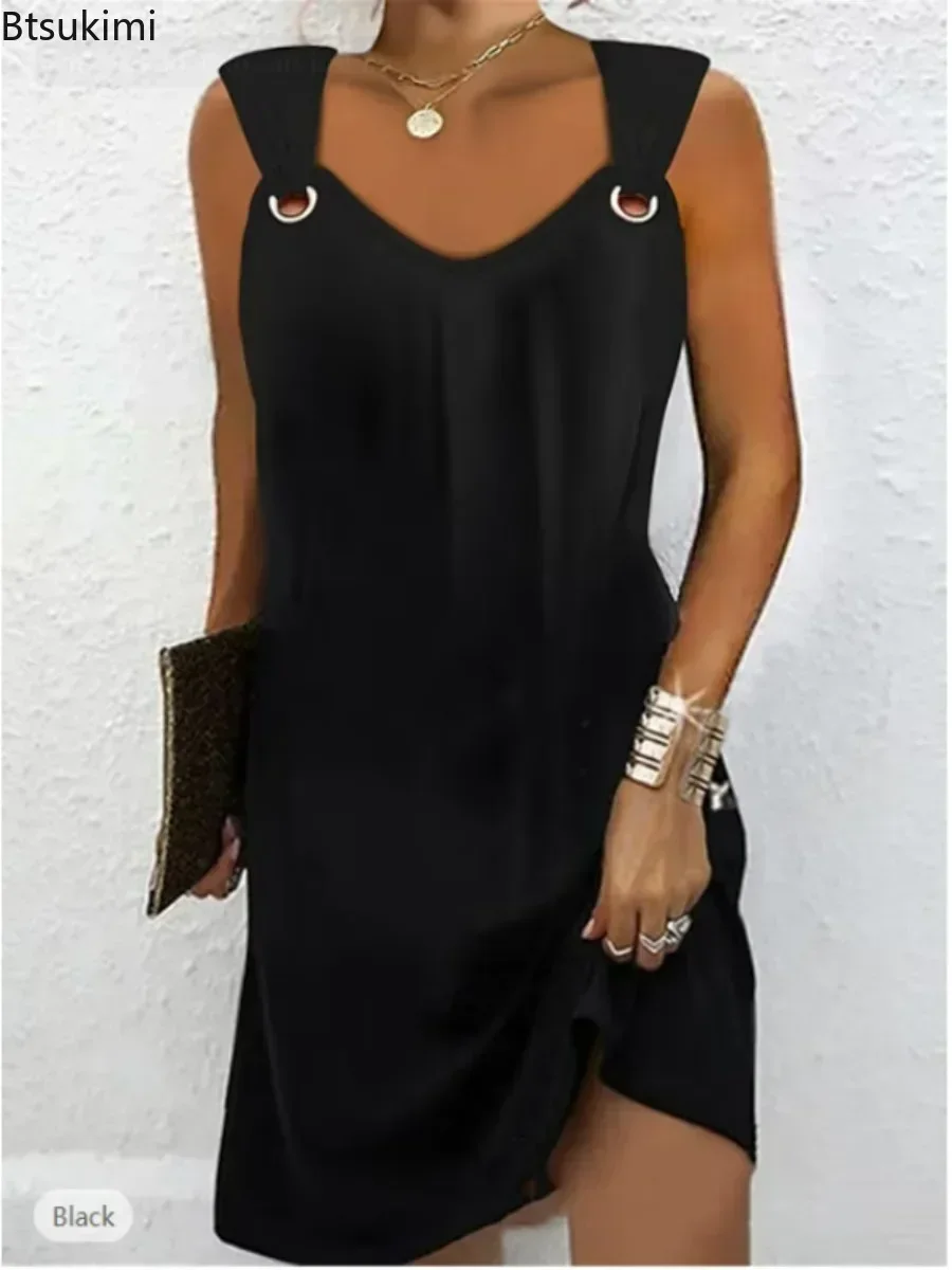 2025ผู้หญิงแฟชั่นฤดูร้อนชุดแขนกุดVคอปุ่มโลหะClub Party Dress Mini Daily Streetwearชุดหญิง
