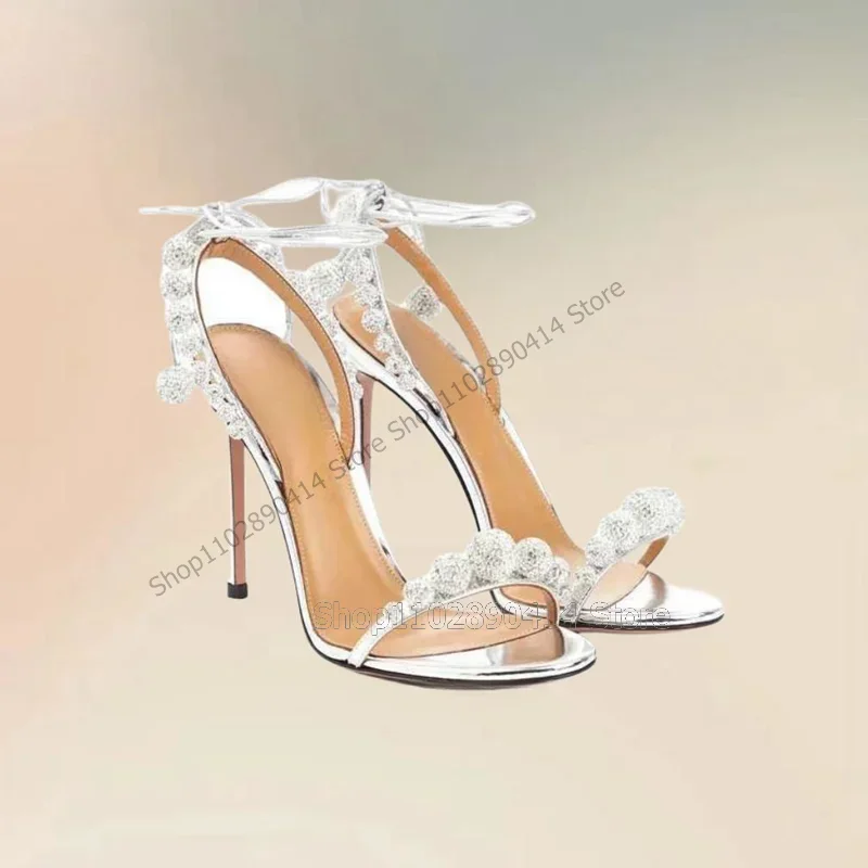 

White Pearl Decor Hollow Cut Heel Open Toe Sandals Back Strap Women Shoes Thin High Heels Novel Fashion 2025 Zapatos Para Mujere