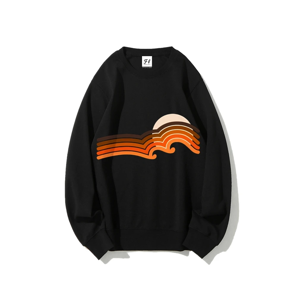 Sunset Wave Sweatshirt White Sweatshirt Retro Sunset Wave Print Casual Loose Long Sleeved Beachy Mood Comfortable Top