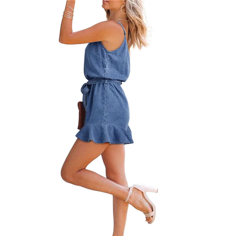 

CYL-Womens Vintage Denim Rompers Summer Distressed Spaghetti Strap V Neck Wide Leg Belted Short Jean Jumpsuit