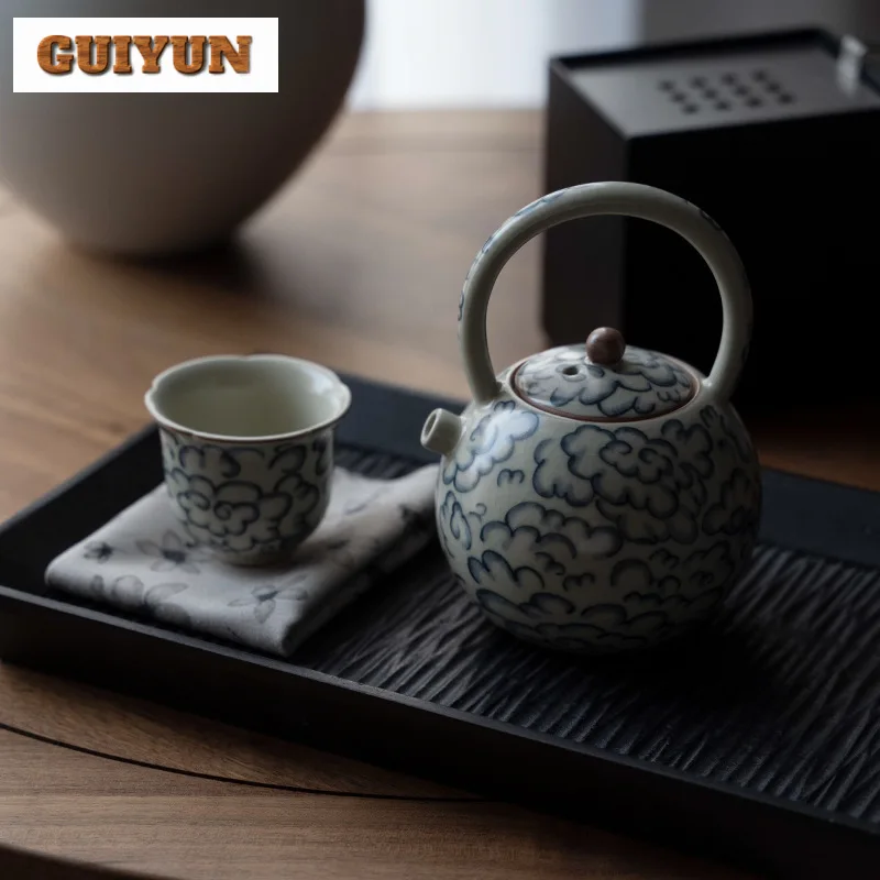 240ml Retro Blue and White Cloud Lifting Beam Teapot Boutique Ru Kiln Pot Tea Making Kettle Tea Ceremony Accessories Collection