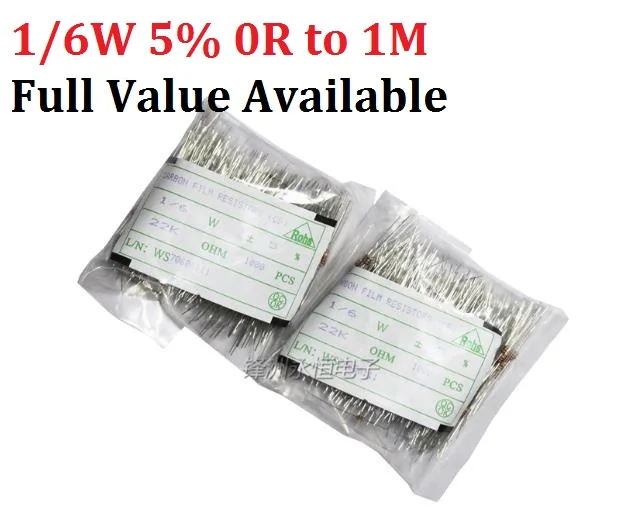 1000pcs 1/6W=1/8W 1R ~ 1M 10K Ohm 4.7k 2.2K 1K 100K 100R 4.7R Carbon Film Resistor 3/5/6/7/9/8.1.2.3.4.5.6.7.9./R/K 220R Metal