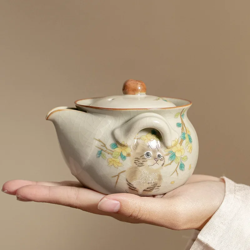200ML Antique Ru Kiln Cat Hand Grab Pot Ceramic Anti-scalding Teapot Simple Brewing Teapot Large Capacity KungFu TeaSet Gifts