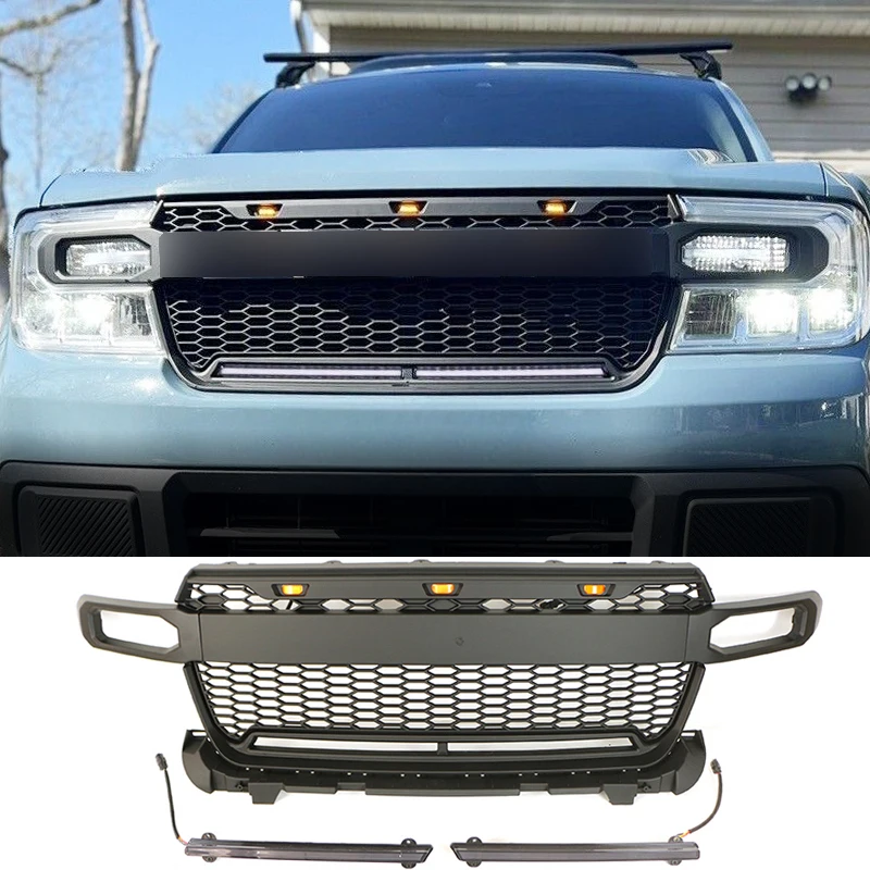 

Front Grill With Led Light Bar Bumper Grille Auto Parts Modification Accessories Fits For 2022-2023 Ford Maverick Grill