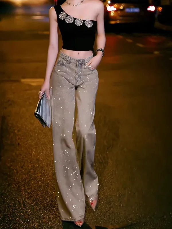 

Spring 2026 High Waist Straight Leg Denim Jeans iny Star Rhinestone Wide Leg Floor Length Pants Slimming Effect Daily Wear