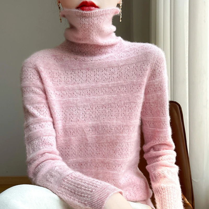 

New Solid Knit Women's Pullover Sweater Spring Autumn Stacked neckline Long Sleeve Soft Warm Casual Knitted Bottoming Shirt Tops