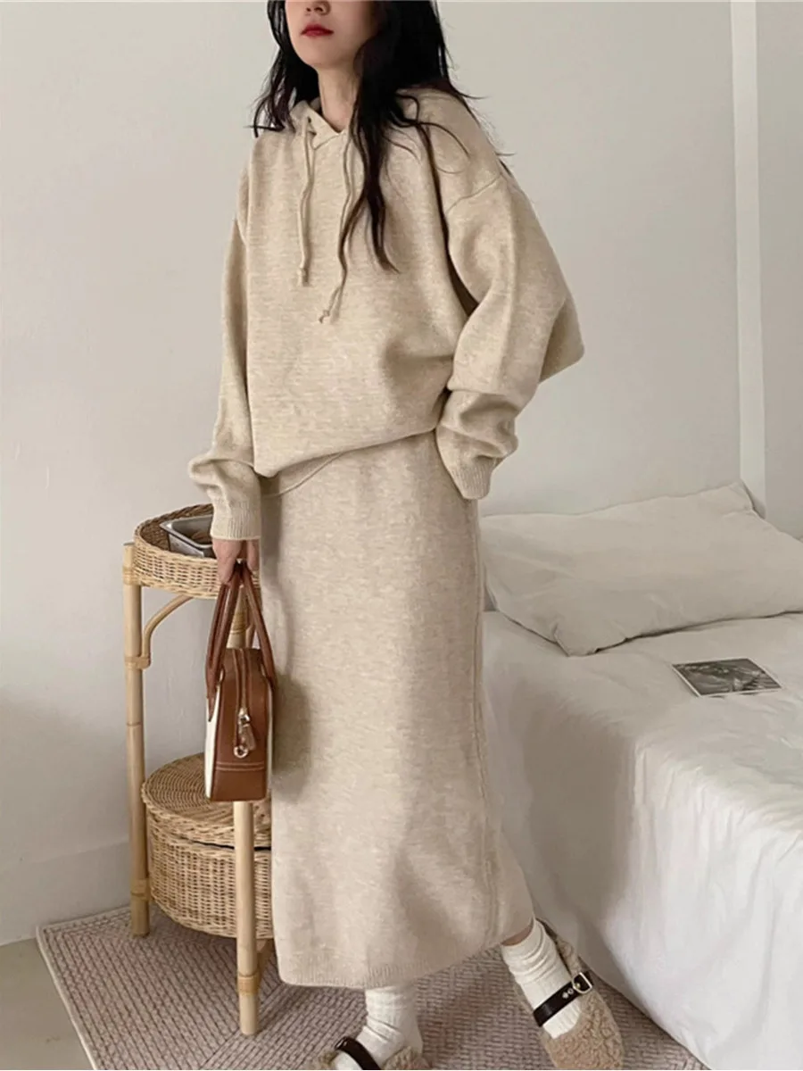Jupe ample bureau dame Pull décontracté Pull Femme 2025 coréen Pull décontracté femmes ensemble à capuche solide deux pièces haut tricoté