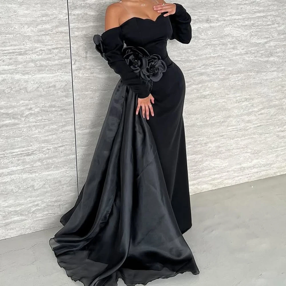 

Customized A-line Evening Dresses Floor-length Off The Shoulder Full Sleeve Prom Gown Fashion Flowers Elegant Party Dresses