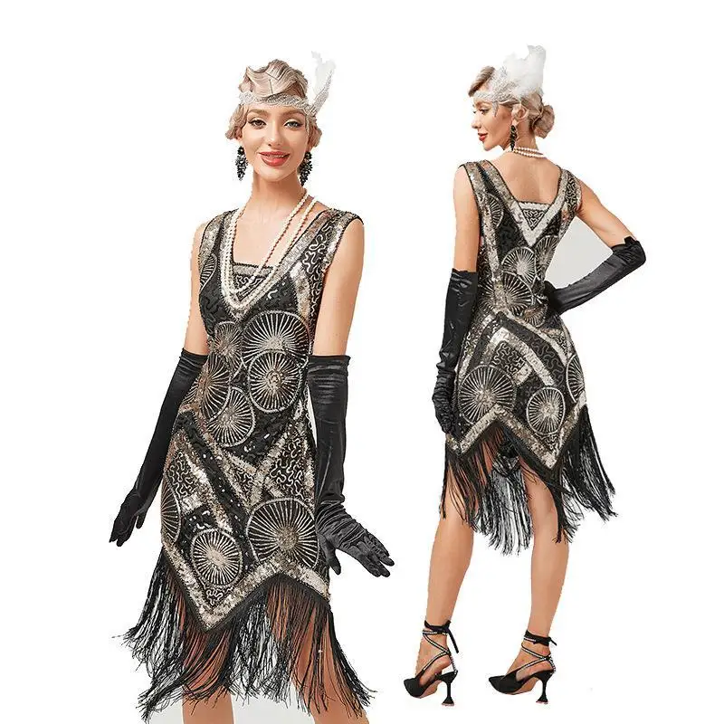 Women's Sequin Beaded Art Deco Flapper Dresses 20s Great Gatsby Party Fringe Dress V-Neck Sleeveless Embroidery Midi Dress