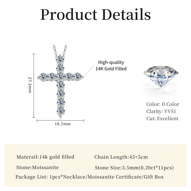 Lnngy 14K Gold Filled Kreuz-Anhänger-Halskette, zertifizierte 3,5 mm Voll-Moissanit-Halsketten für Damen, Labordiamant-Vintage-Schmuck – Detail 6