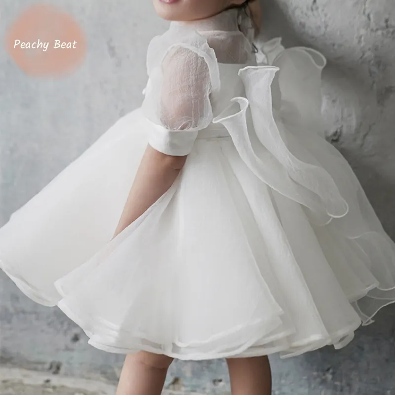 

Baby Girl Princess Bow Back Tutu Dress Puff Sleeve Child Teens Elegant Ruffled Tulle Vestido Party Birthday Baby Clothes 1-12Y