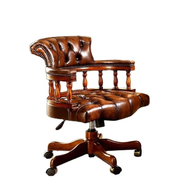 American European Style Genuine Leather Wooden Base Home Office Swivel Armchair with Wheels