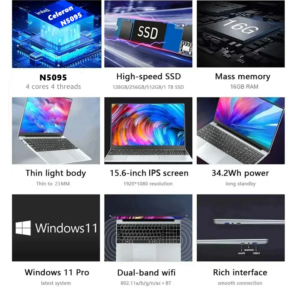 Computer portatile da 15,6" Intel Celeron N5095 Notebook PC Gamer 16 GB DDR4 128 GB-2 TB SSD Ufficio Studio PC Windows 11 Laptop 1080P