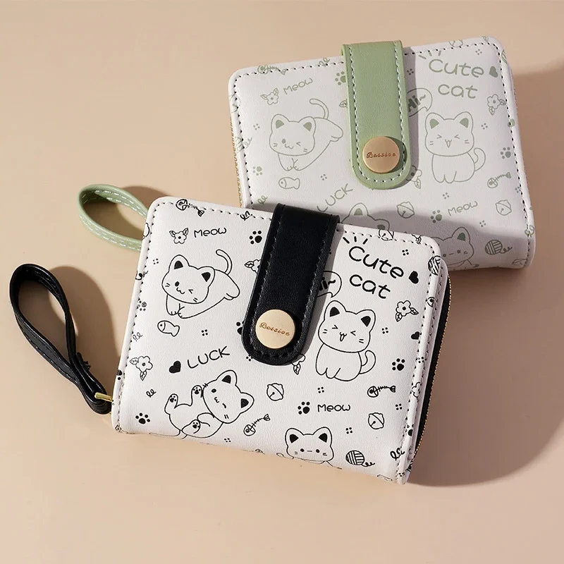 Cartera japonesa con diseño de gato para mujer, tarjetero pequeño con cremallera para guardar llaves, monedero para estudiantes