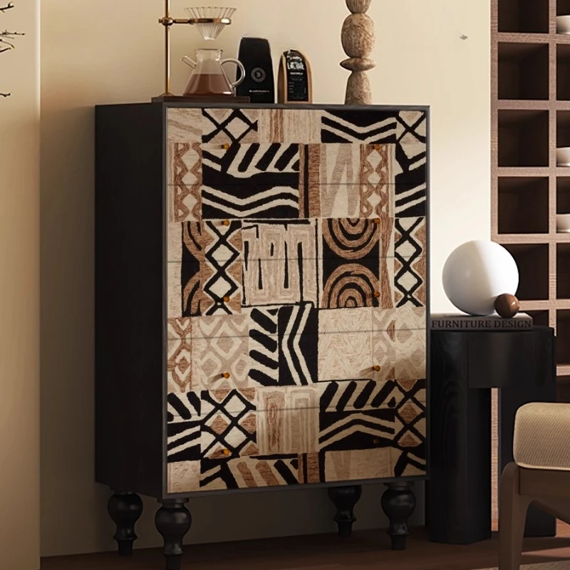 Retro decorative solid wood five-bucket chest of drawers, living room aisle wall storage cabinet