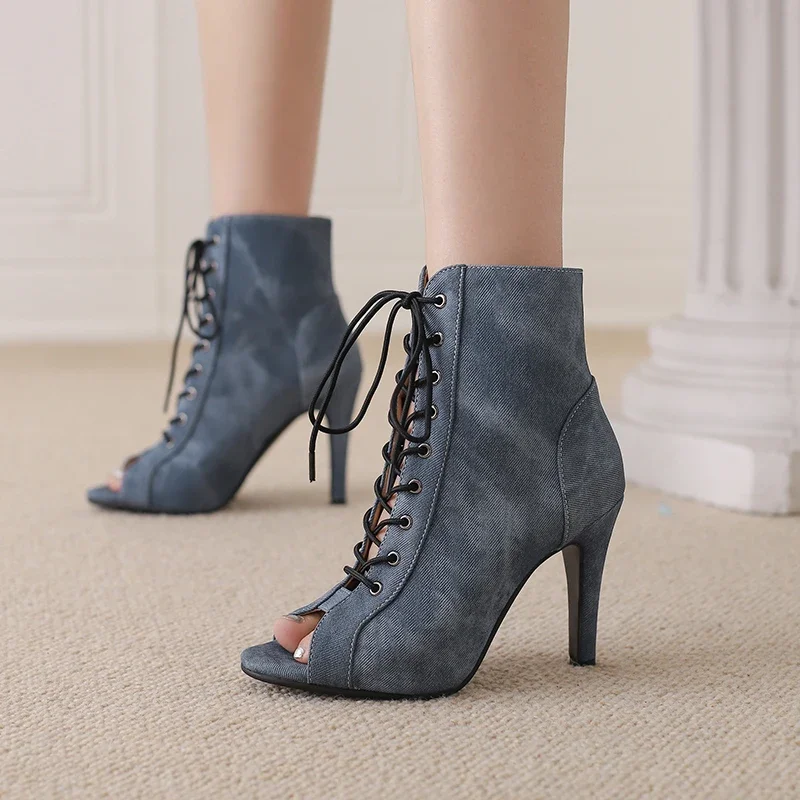 Womens New Sexy Denim Blue High Heels Sandals Summer Fashion Comfort Peep Toe Boots Stilettos Jazz Dance Female Shoes Plus Size