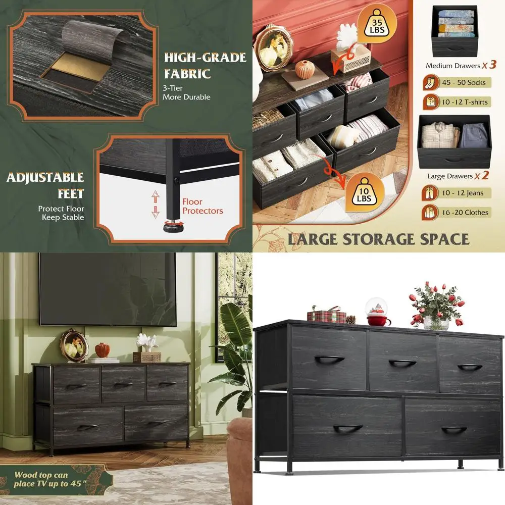 

Комод для спальни с 5 тканевыми ящиками, органайзер для хранения, дизайн под дерево цвета угольно-черный