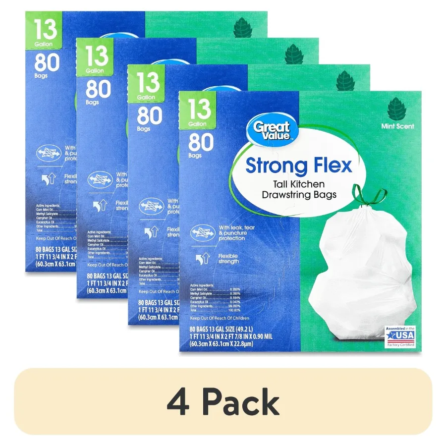 

Набор из 4 прочных гибких мешков для кухонных мусорных баков объемом 13 галлонов с ароматом мяты для эффективного хранения продуктов и организации вещей в кладовой