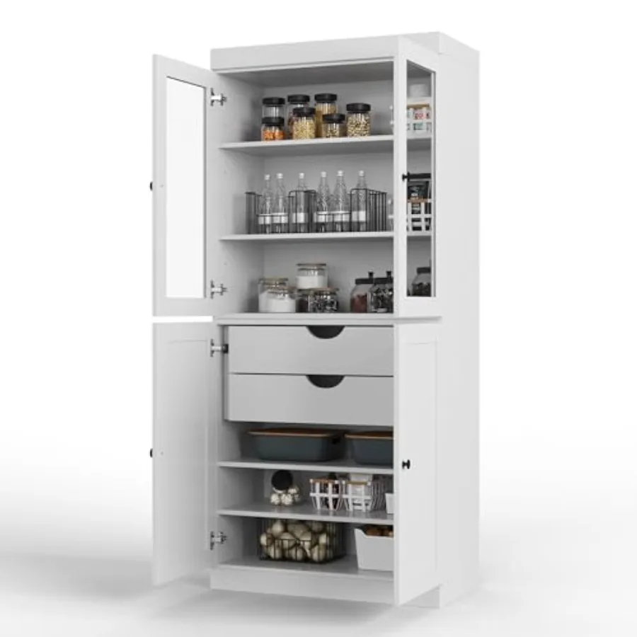 

Высокий шкаф-пенал из массива дерева, 71,5 выс. x 32 ш. см, белый, для кухни, с прозрачными стеклянными дверцами в стиле шейкер, 2 выдвижных ящика, 4 регулируемые полки