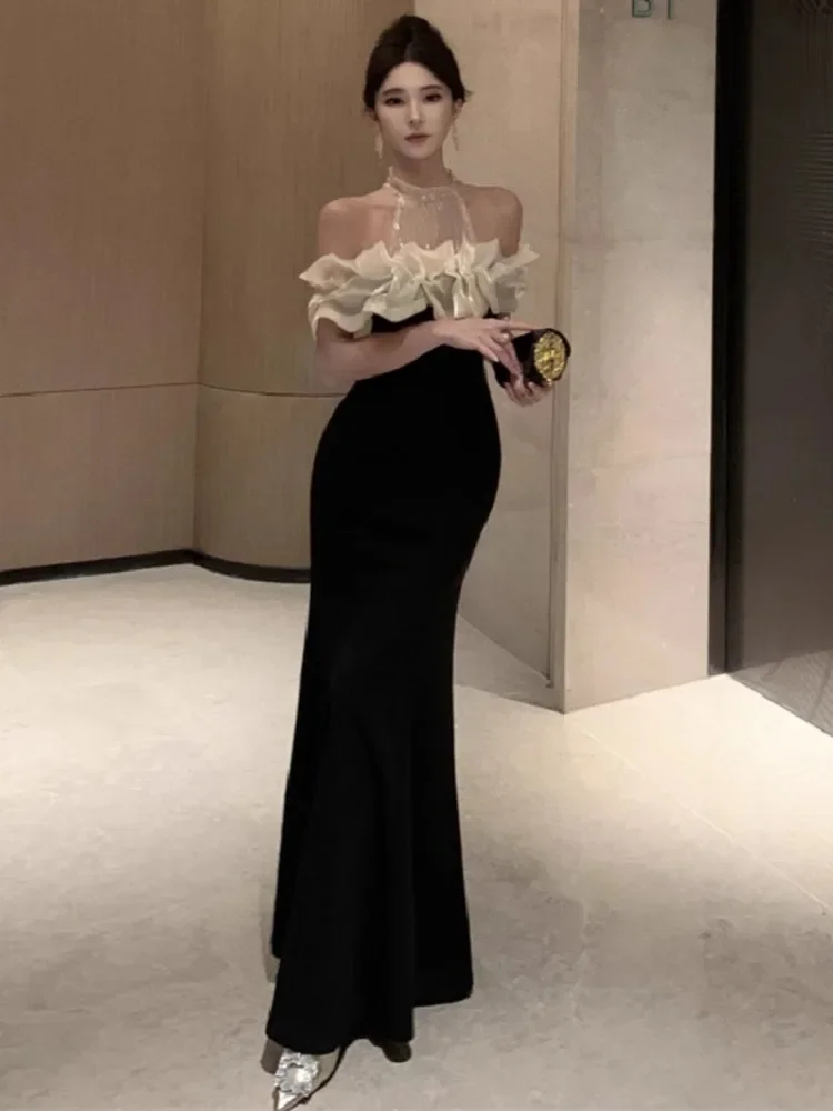 Topanoma Cocktail Evening Dresses Women Mesh Patchwork Off Shoulder Velvet Temperament Party Dress Banquet Birthday Celebrity