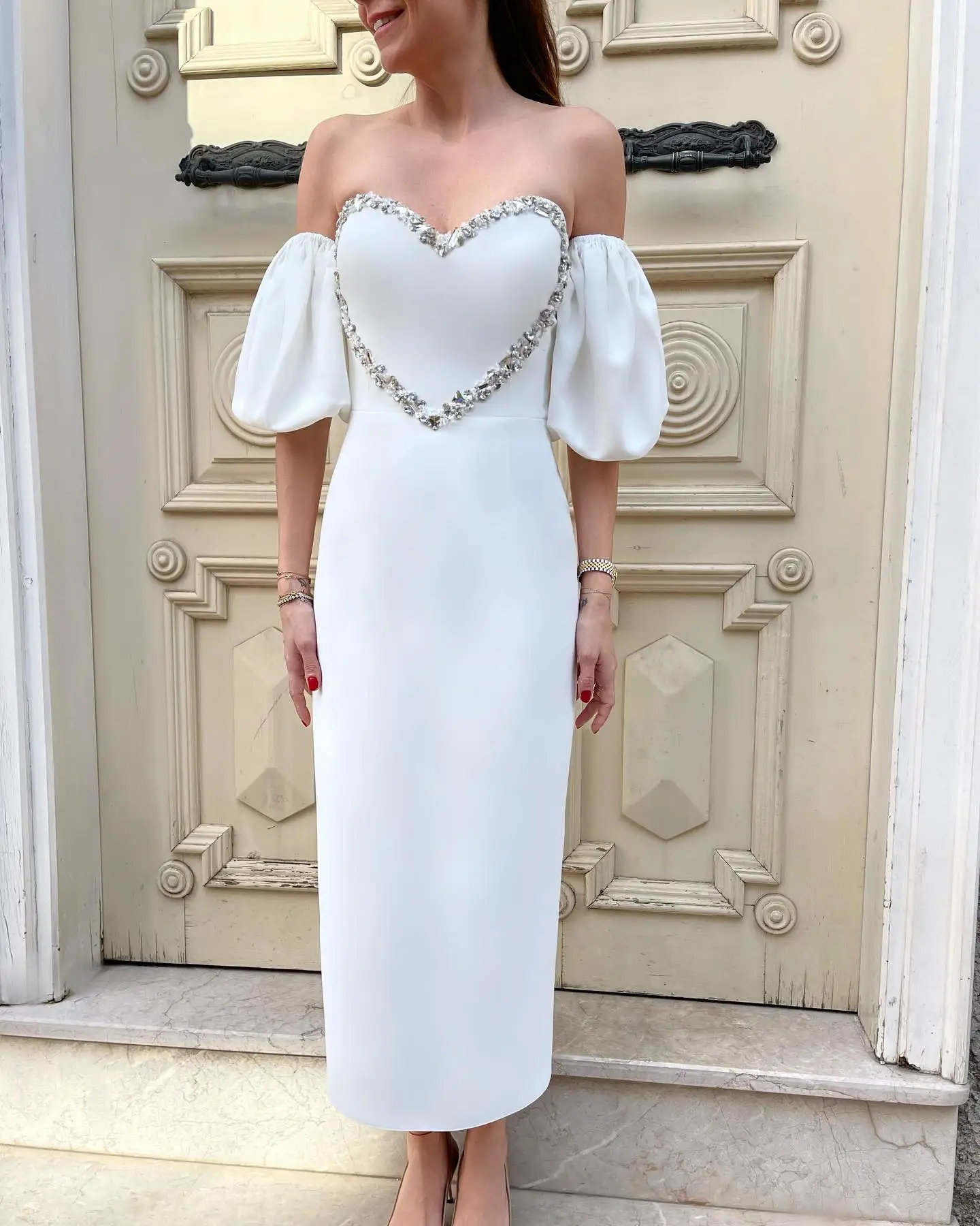 

Customized Exquisite Jersey Straight Off the Shoulder Crystal Sequined Evening Dress Sexy Short Sleeves فساتين سهرة