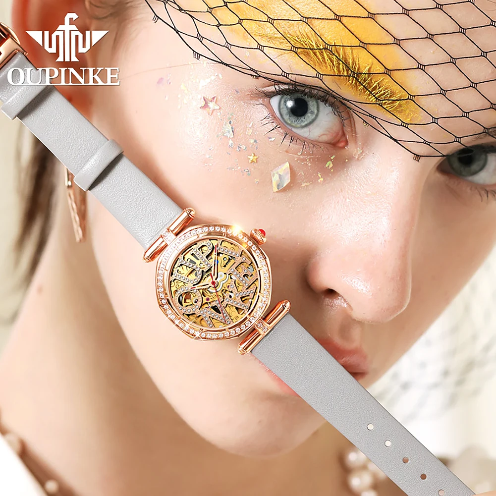 OUPINKE 3175 Elegant Luxury Skeleton Women Watch Mechanical Wristwatch Waterproof Ladies Watch Bracelet Set  Lady's Gift Reloj