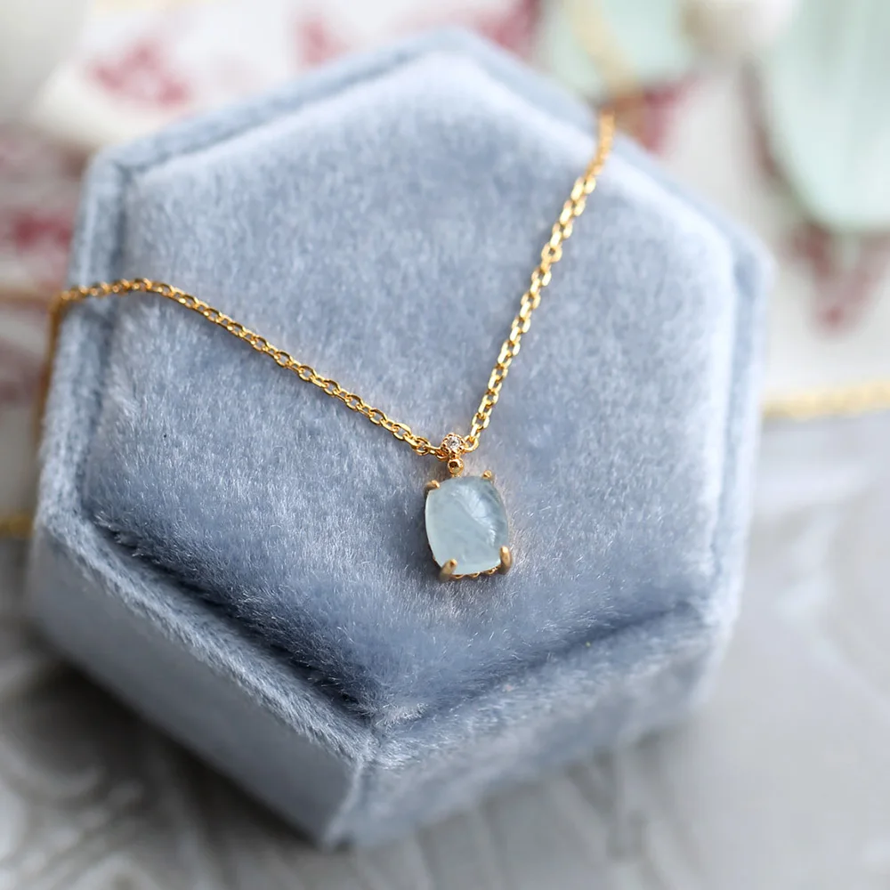 LAMOON Necklace for Women Wedding Accessories Semi-precious Aquamarine Pendant 925 Sterling Silver Chain 10k Gold Plated NI011