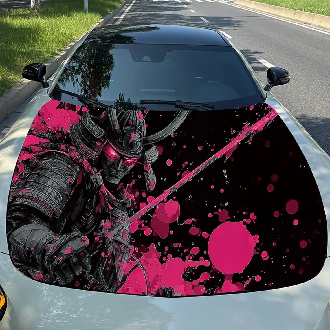 

1 Piece Of Easy To Install Car Hood Film, Pink Ink Samurai Pattern-suitable For Most Car Exterior Decoration Stickers,Bubble Fre