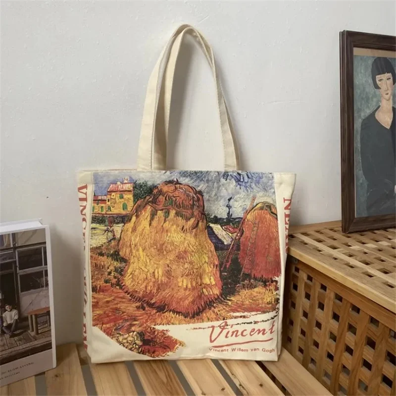 2022 Women Canvas Shoulder Bag Art Oil Painting Ladies Casual Handbag Tote Bag Large Capacity Cotton Reusable Shopping Beach Bag