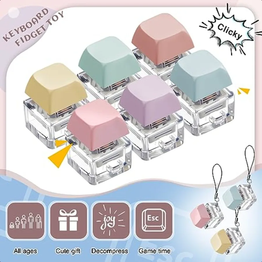 Taiyin 6 Pcs Keyboard Fidget Toy Fidget Clicker Keyboard Keychain Decomprion Toys Button Str Relief Gifts for Adult to Relief S