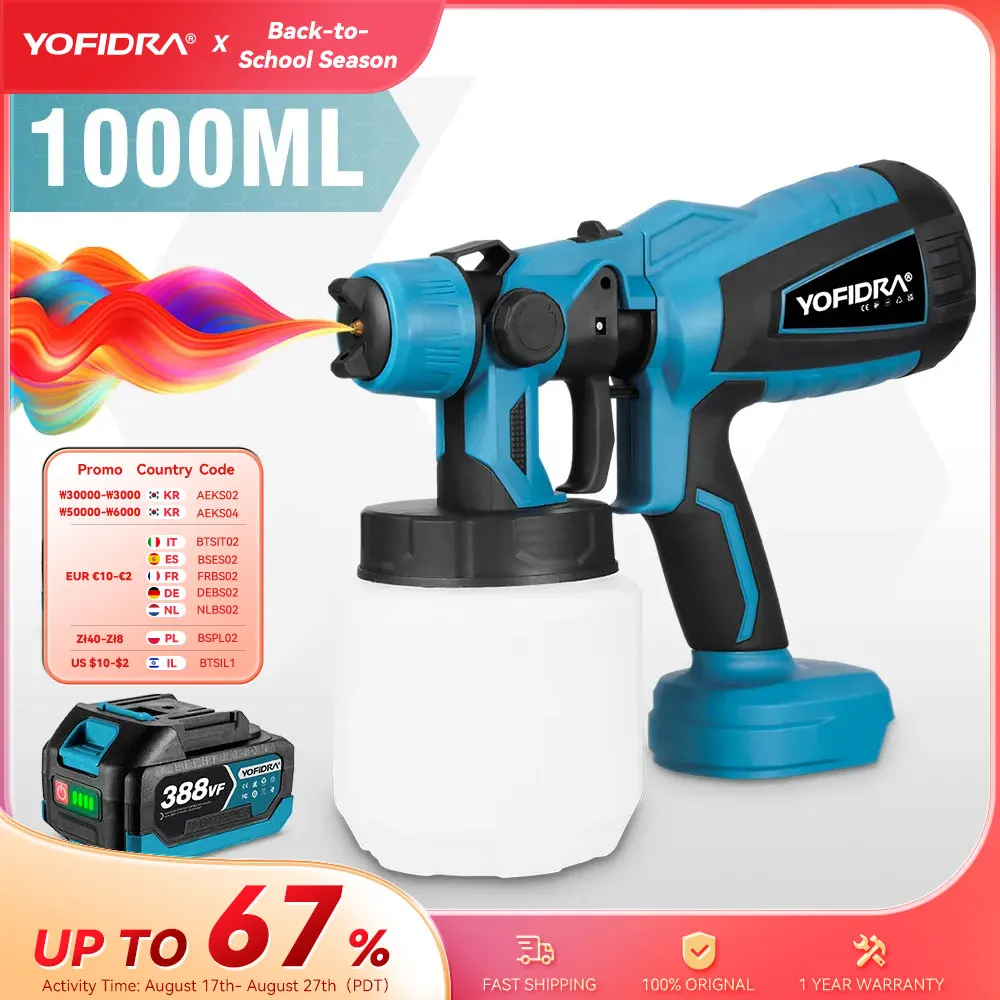 YOFIDRA 1000ML Pistola a spruzzo elettrica Potente spruzzatore di vernice portatile Cordless Rivestimento per mobili Aerografo per Makita 18V Batteria Pin