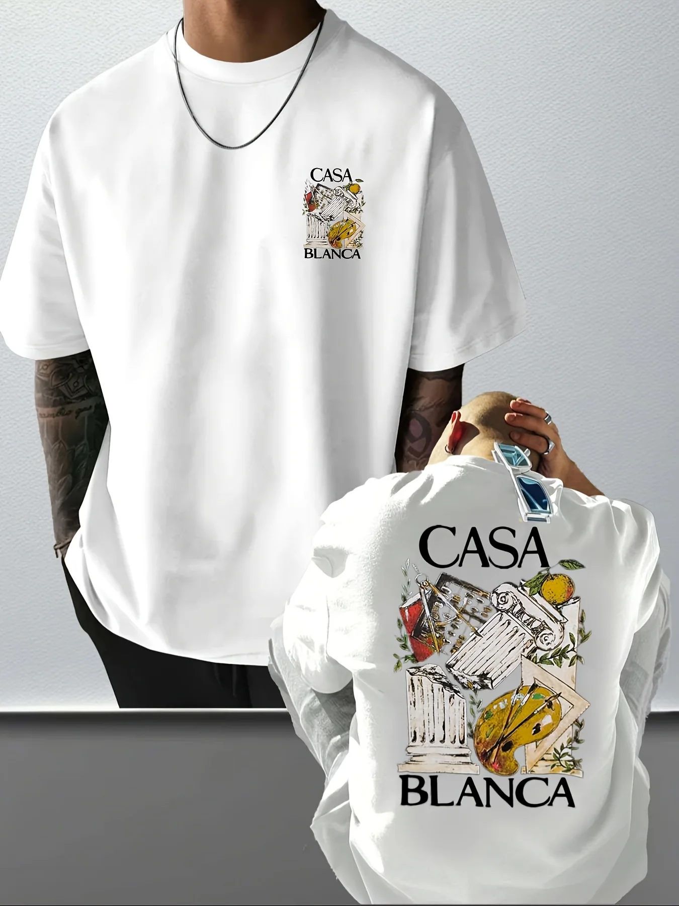 Elegant Artistic Tee with Classical Columns and Painter’s Tools Graphic 100% Cotton Men's T-shirt Summer Streetwear