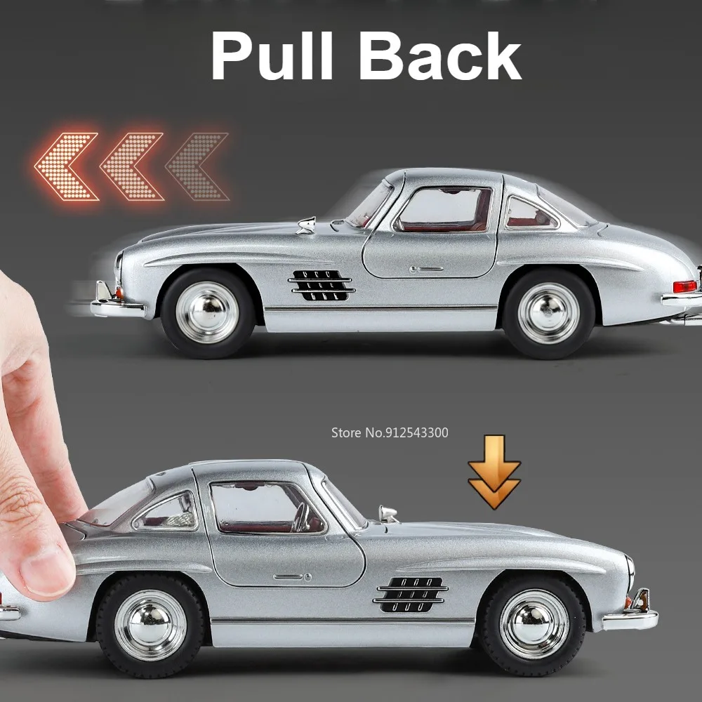 Modelo de coche clásico 300SL a escala 1:24, juguete con luz de sonido, adornos para tirar hacia atrás, absorción de impacto, 4 puertas, vehículo abierto, regalos para niños