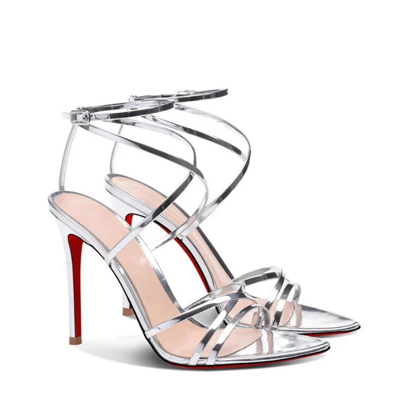 

Customized silver pointed toe exposed toe cross buckle with thin heel sandals for women, red soled high heels, fashion shoes