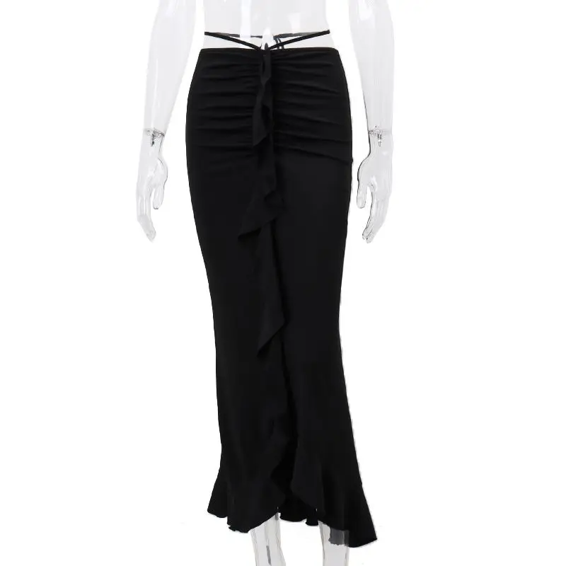 Pure desire style tieup pleated low waist full length skirt  with a slim cut high waisted skirt to enhance the figure
