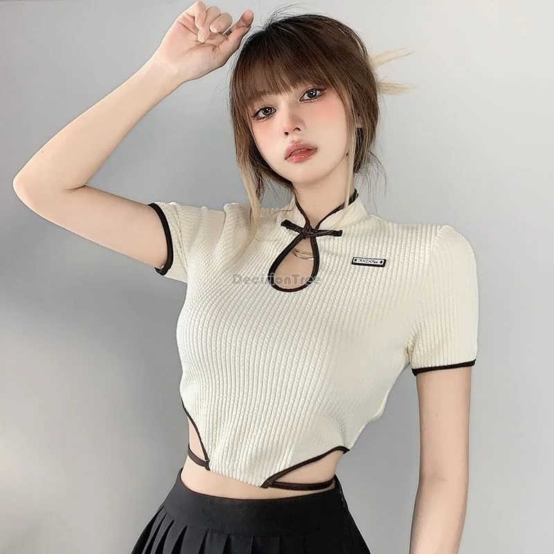 

2024 new chinese national style plate buckle stand collar vest women irregular hem design thin cheongsam short camisole w332