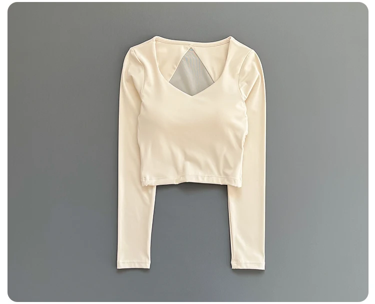Women Deep V Mesh Back Cutout Crop Long Sleeve Yoga Top Slim Quick Dry Breathable Running Fitness Sports Tee